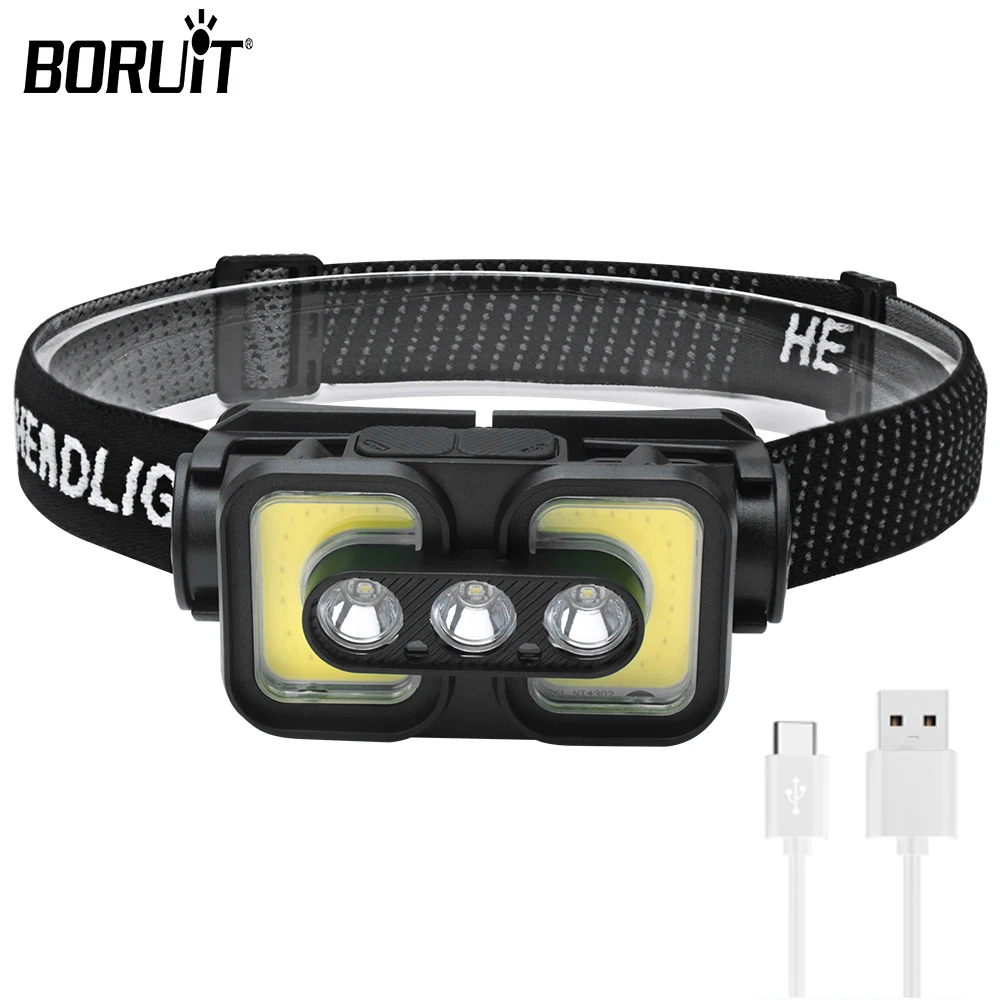 

BORUiT Sensor LED Headlights COB Work Fishing Headlamp 18650 Type-C Rechargeable Head Torch Waterproof Camping Hiking Lantern