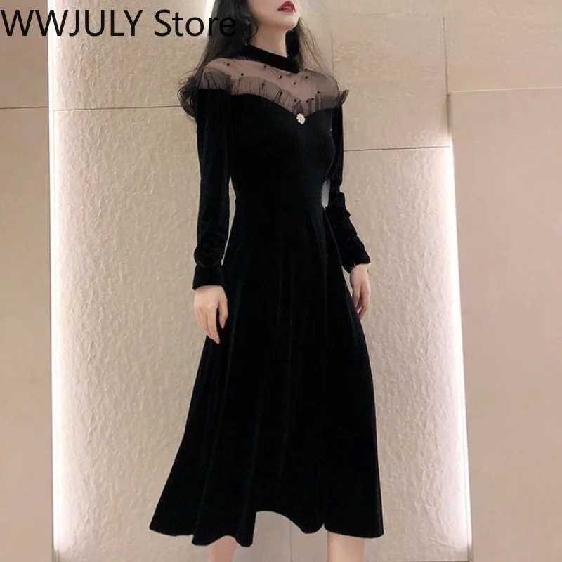2021 Autumn Vintage Velvet Dress Women Lace Design Black Y2k Midi Long Sleeve Evening Party Korean Fashion | Женская одежда