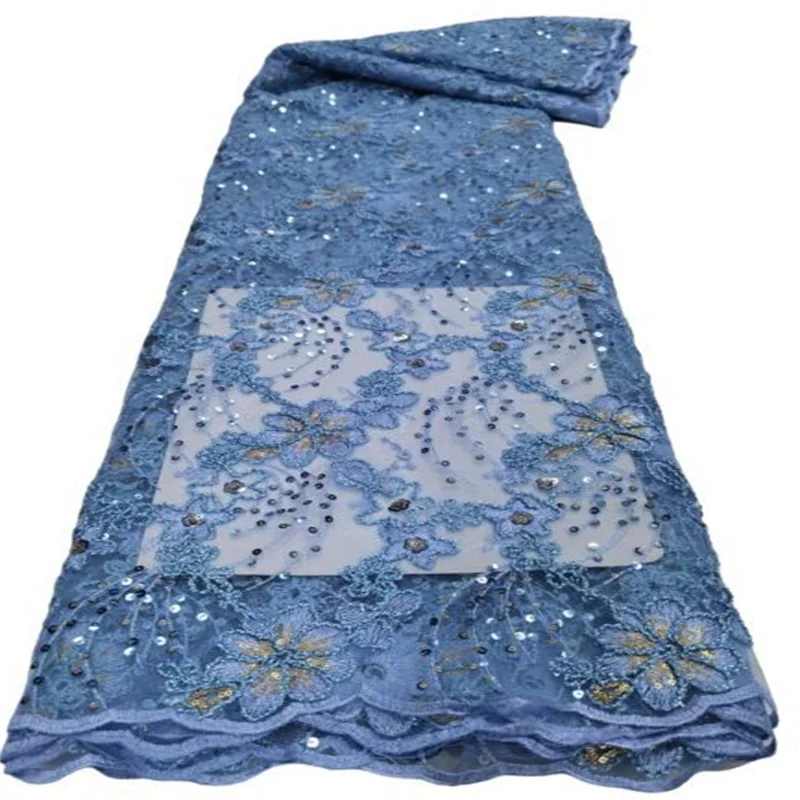

Роскошная африканская Кружевная Ткань 5 ярдов Высококачественная 3d вышивка блестками французский Тюль нигерийский Свадебный небесно-голубой материал
