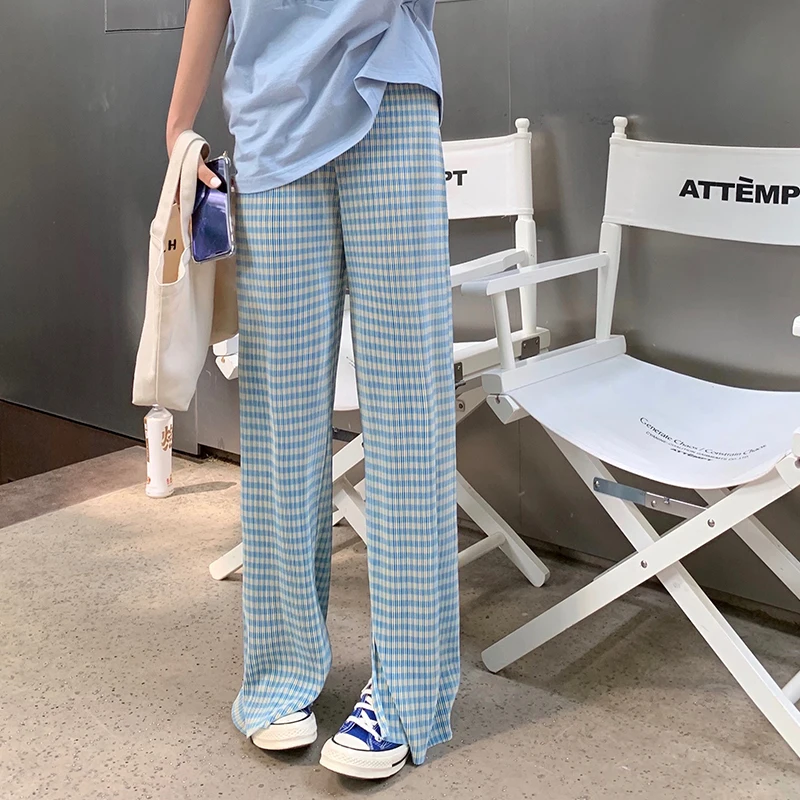 

Blue Plaid Pants Slit High Waist Draping Women Spring Summer Korean Fashion Street Straight Pleated Casual Mopping Pants 2022