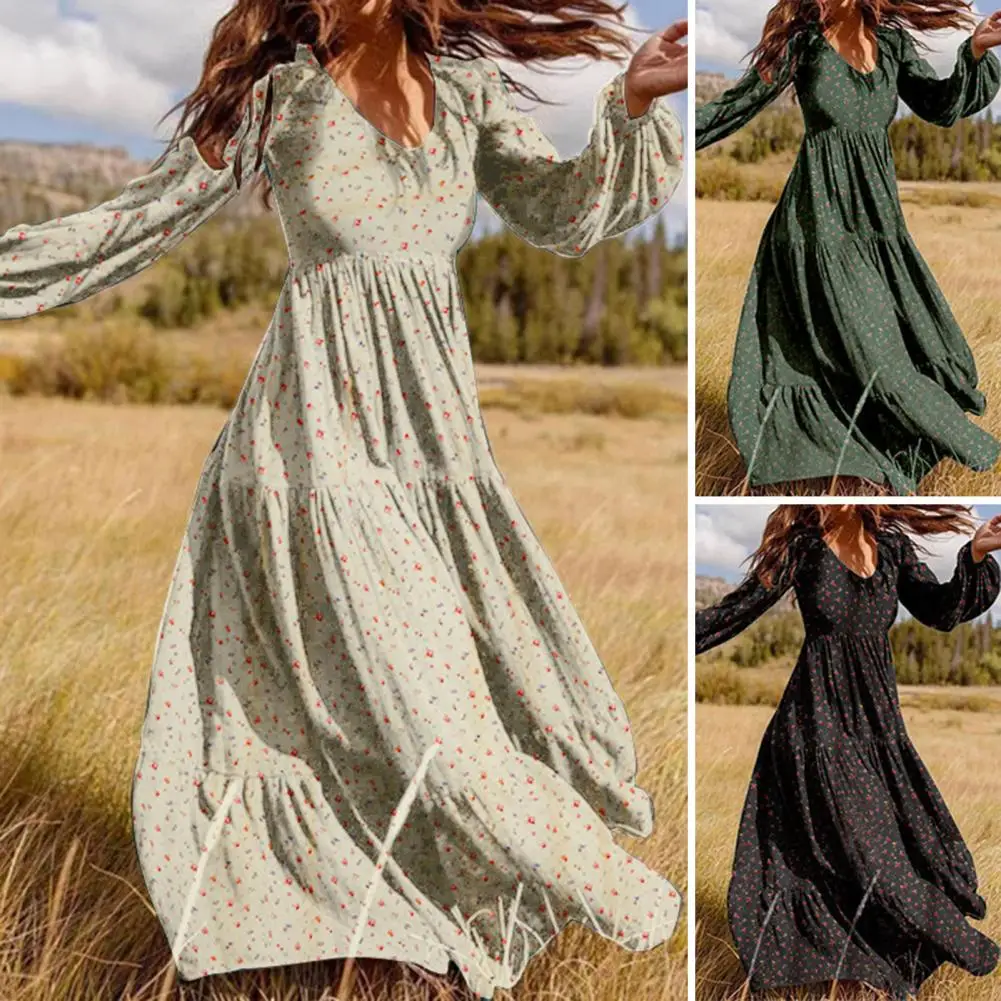Ladies Dress V Neck Flower Print A-line Loose Hem Long Lantern Sleeve Pullover Pleated High Tight Waist Lady Spring Fall Maxi Dr
Ladies Dress V Neck Flower Print A-line Loose Hem Long Lantern Sleeve Pullover Pleated High Tight Waist Lady Spring Fall Maxi Dr