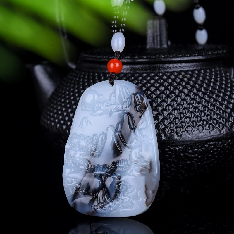 

Natural Blue and White Jade Hand-carved Landscape Pendant Fashion Boutique Men and Women Smoky Gray Landscape Painting Necklace