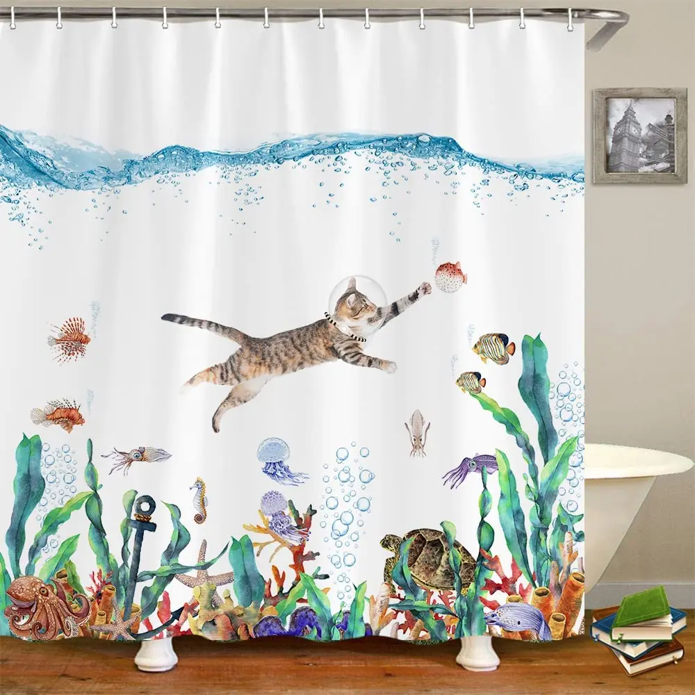 

Funny Cat Fabric Shower Curtain for Bathroom Ocean Animal Octopus Starfish Turtle Nautical Anchor Fish Bath Curtain Set Hooks