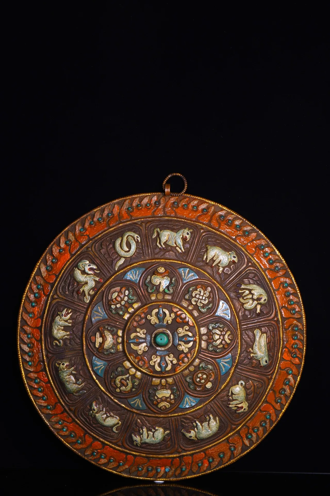 14" Tibetan Temple Collection Old Bronze painted Zodiac signs Auspicious Eight Treasures Vajra thangka mandala hanging screen
14" Tibetan Temple Collection Old Bronze painted Zodiac signs Auspicious Eight Treasures Vajra thangka mandala hanging screen