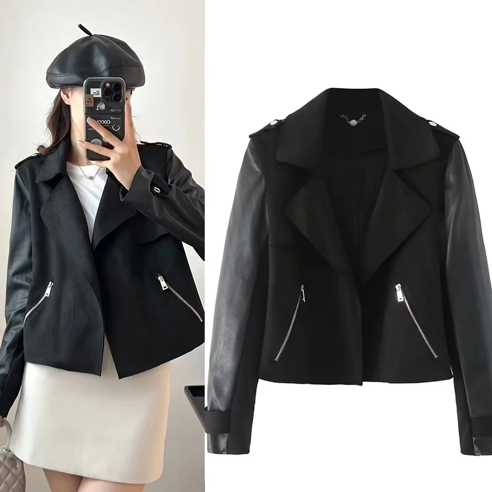 PB&ZA Spring/Autumn New Long Sleeve Suede Jacket Coat Cowboy Wind Handsome Jacket Women Vintage Black Spliced Fuax Leather Coat
PB&ZA Spring/Autumn New Long Sleeve Suede Jacket Coat Cowboy Wind Handsome Jacket Women Vintage Black Spliced Fuax Leather Coat