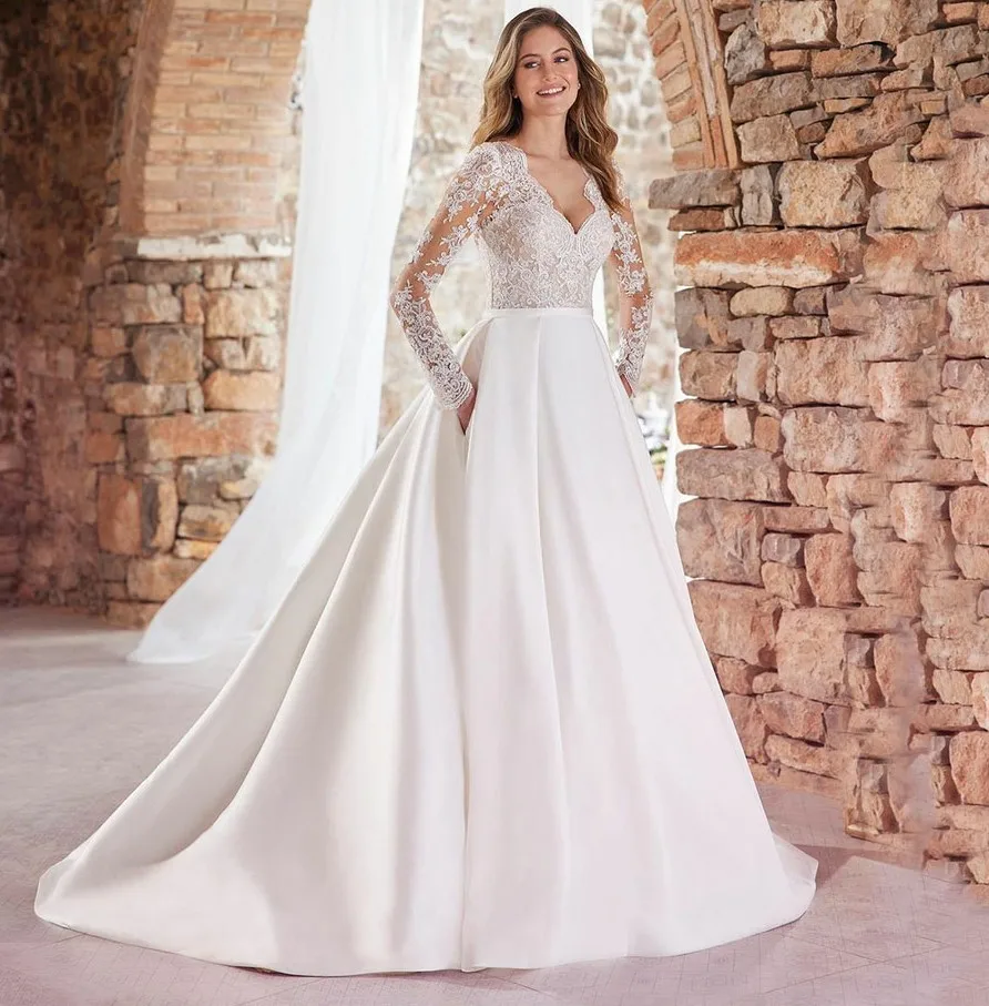 Elegant Women Satin Wedding Dresses With Pocket Sexy V Neck Long Sleeves Lace Appliques Bridal Gowns Vestidos De Noiva
Elegant Women Satin Wedding Dresses With Pocket Sexy V Neck Long Sleeves Lace Appliques Bridal Gowns Vestidos De Noiva