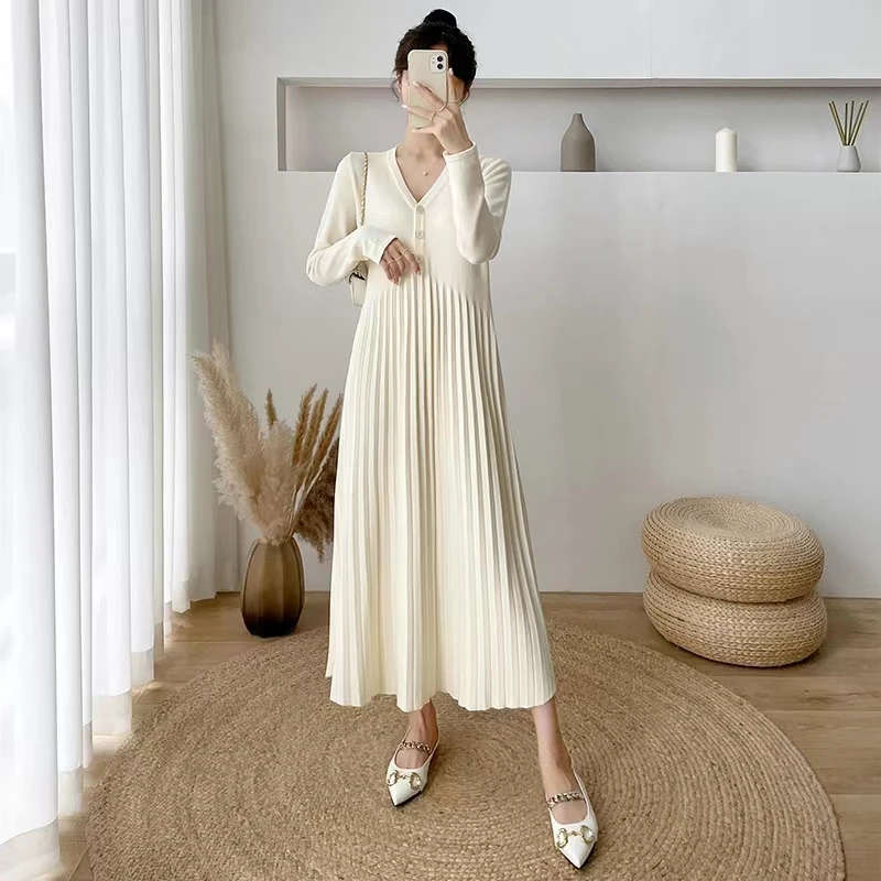 

Женское трикотажное платье-свитер, повседневное Свободное длинное платье-свитер во французском винтажном стиле с V-образным вырезом и длинным рукавом, Осень-зима 2023