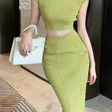 Fashion Solid Knitted 2 Piece Set for Women Retro Gold Buttons Deco Sweater  Bodycon Skirt Sets Sexy Skinny Summer Two Piece Set