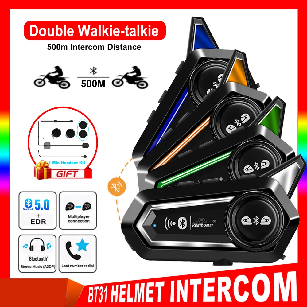 

BT31 Motorcycle Helmet Bluetooth Intercom Headset BT 5.0 Interphone Handsfree Intercomunicador moto Noise Reduction For 2 Riders