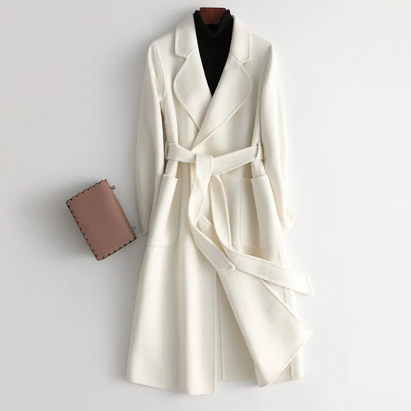 

Повседневное твидовое пальто 2023, модное двухстороннее кашемировое пальто, женское длинное осенне-зимнее Новое приталенное корейское белое высококачественное шерстяное пальто