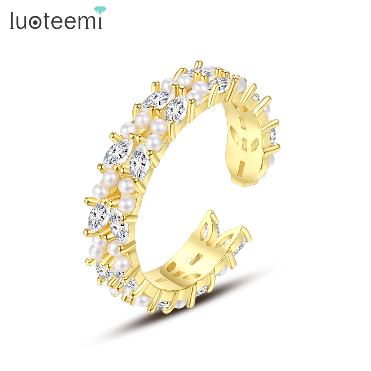 

LUOTEEMI Luxury Gold Color Imitation Pearl Zircon Rings for Woman Trendy Open Ring for Girl Party Fashion Unusual Girl's Ring