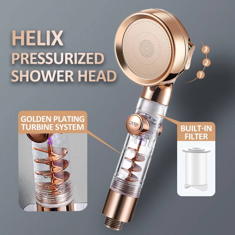 

Turbo Charged Shower Head with Filter,For Skin Care,3 Mode One Key Stop Button High Pressure Bathroom Bath Showerhead with Hose