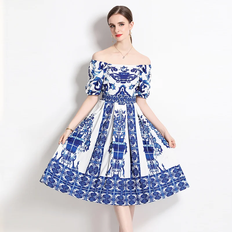 

Summer Runway Vintage Blue And White Porcelain Print Midi Dress Elegant One Shoulder Empire Waist Ladies Party A-Line Robe Q074