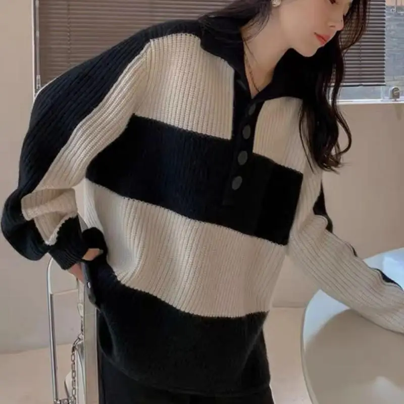 2022 Autumn Winter Long Sleeve Striped Pullover Women Sweater Knitted Sweaters Tops Turn Down Collar Korean Jumper Female J79
2022 Autumn Winter Long Sleeve Striped Pullover Women Sweater Knitted Sweaters Tops Turn Down Collar Korean Jumper Female J79