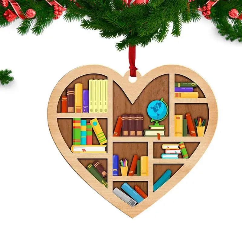 

Library Ornament Book Lover Gifts 2 Layers Book Keepsake 3D Heart & Tree Shaped Bookshelf Ornament Wooden Library Decoration