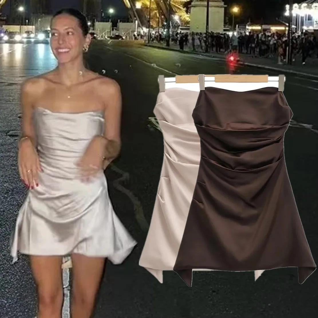 

Jenny & Dave 2022 Instagram модный блоггер Ретро плиссированный Fishbone сексуальный шелковый с открытыми плечами Мини платье для женщин