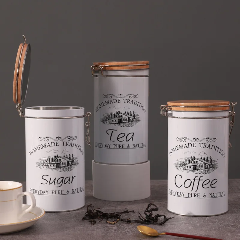 

Canister Box Storage Bread Coffee Tins Lid Bin 3 Set Tea Sugar Storage Metal Kitchen Organizer Jar Set Sealed Of