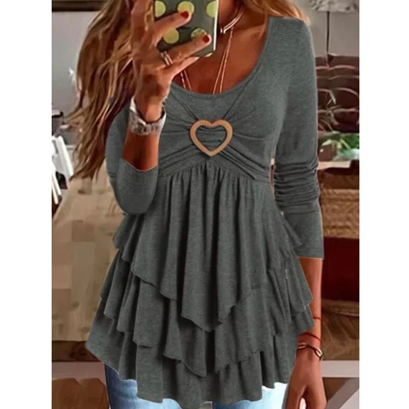 2023 Spring Vintage Casual Women Blouse Tops Solid Color Long Sleeve Heart-Ring Decor Layered Ruffle Hem Top
2023 Spring Vintage Casual Women Blouse Tops Solid Color Long Sleeve Heart-Ring Decor Layered Ruffle Hem Top