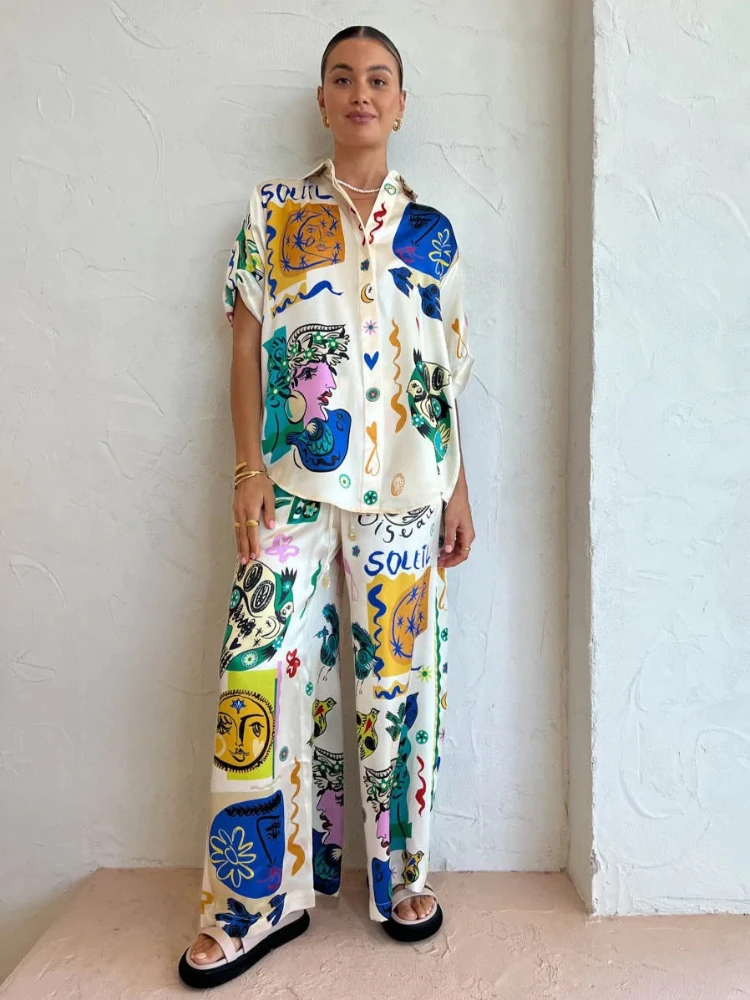 ALEM*IS Spring/Summer Women Shirt Pants Set Blouse Full Sleeve SilkTurn Down Collar Loose Casual Oversize Holiday Style Satin 
ALEM*IS Spring/Summer Women Shirt Pants Set Blouse Full Sleeve SilkTurn Down Collar Loose Casual Oversize Holiday Style Satin