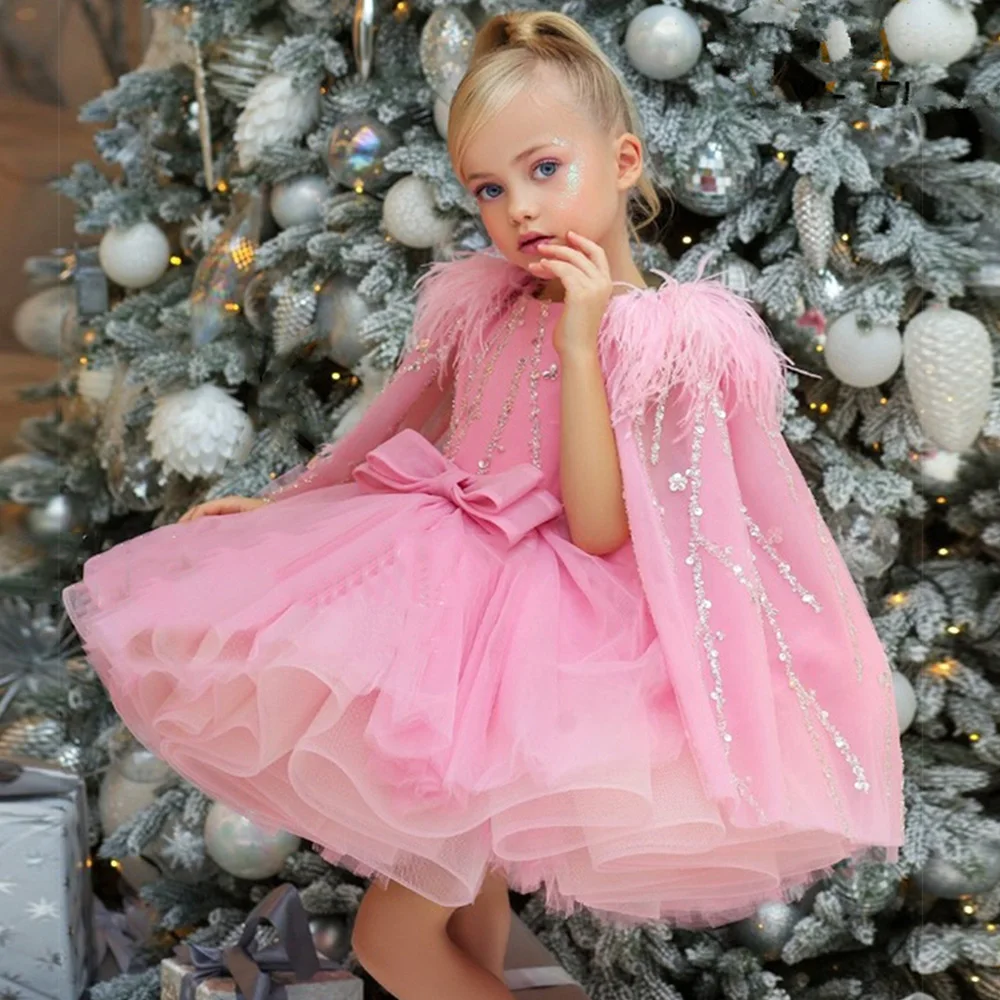 Pink A-Line Flower Girl Dresses Clock Sleeve O Neck Wedding Party Dress With Feathers Bow Belt Birthday Sequined Ball Gowns
Pink A-Line Flower Girl Dresses Clock Sleeve O Neck Wedding Party Dress With Feathers Bow Belt Birthday Sequined Ball Gowns