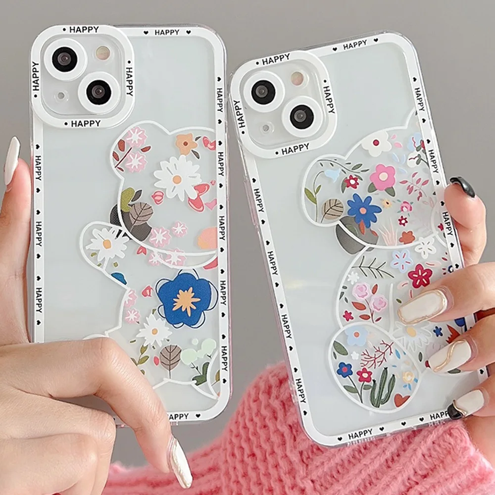 

Clear Flower Case for Samsung Galaxy S22 S21 S20 FE Plus S23Ultra A12 13 21s 31 32 50 51 52 53 71 72 73 Cute Bear Soft Cover