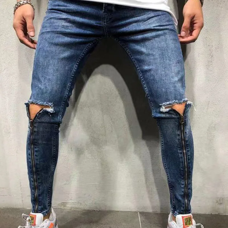 New Men Ripped Jeans Long Zipper Slim Male Denim Trousers Black Full Length Men's Pencil Pants
New Men Ripped Jeans Long Zipper Slim Male Denim Trousers Black Full Length Men's Pencil Pants