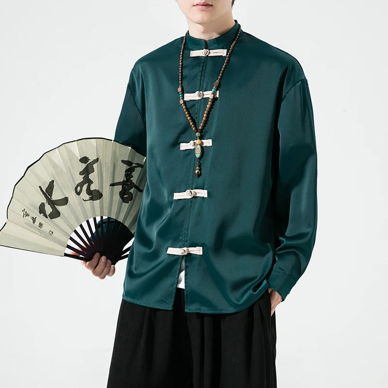 Chinese Men's Shiny Silk Satin Long Sleeve Shirt Tang Clash Colour Plate Button Standing Collar Coat Hanfu Elegant Blouse
Chinese Men's Shiny Silk Satin Long Sleeve Shirt Tang Clash Colour Plate Button Standing Collar Coat Hanfu Elegant Blouse
