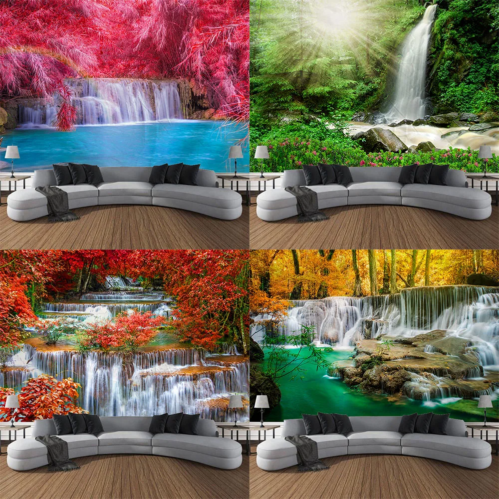 

Customizable Art Deco Curtain Hanging Bedroom Living Room Decoration Forest Waterfall River Stream Sunshine Wall Tapestry