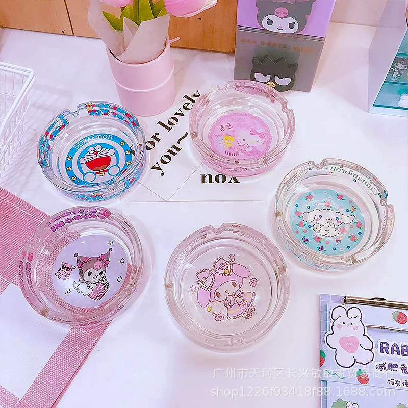 

Kawaii Sanrio Cartoon Ashtray Hellokitty My Melody Kuromi Cinnamoroll Clear Crystal Glass Ashtray Doraemon Ornament Gift Toy