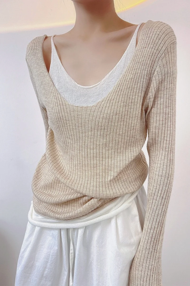 LMQ NEW Women Off Shoulder Fake Two Pieces Of Thin Knitted Pullovers Patchwork With Clavicle Exposed All-Match Solid Tops Chic
LMQ NEW Women Off Shoulder Fake Two Pieces Of Thin Knitted Pullovers Patchwork With Clavicle Exposed All-Match Solid Tops Chic
