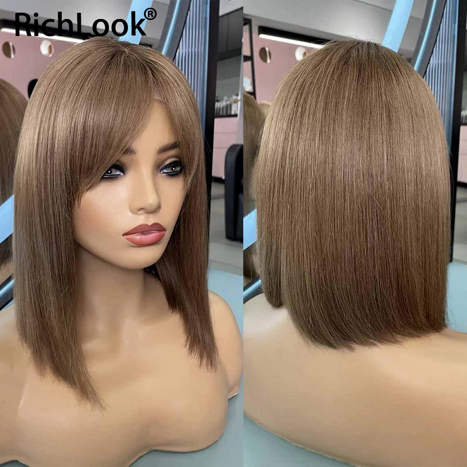 

13x4 Silk Top Lace Front Wig Ash Brown Short Bob Wig Lace Front Human Hair Wigs With Bangs Remy 12A Grade Brazilian Hair Wig