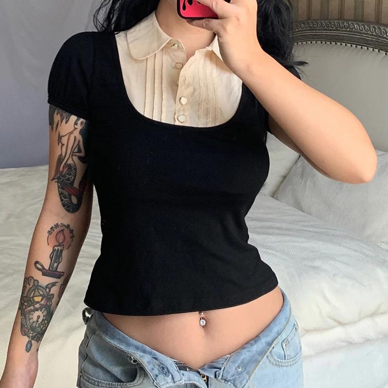 Милый женский укороченный топ Kawaii, Лоскутная футболка с коротким рукавом и отложным воротником, на пуговицах, летняя уличная одежда
Милый женский укороченный топ Kawaii, Лоскутная футболка с коротким рукавом и отложным воротником, на пуговицах, летняя уличная одежда
