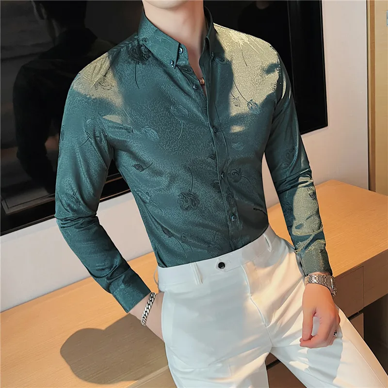 

2022 New Jacquard Casual Flower Shirts Men's Slim Fit Long Sleeve Dark Pattern Print Shirt Formal Party Dress Shirts Streetwear
