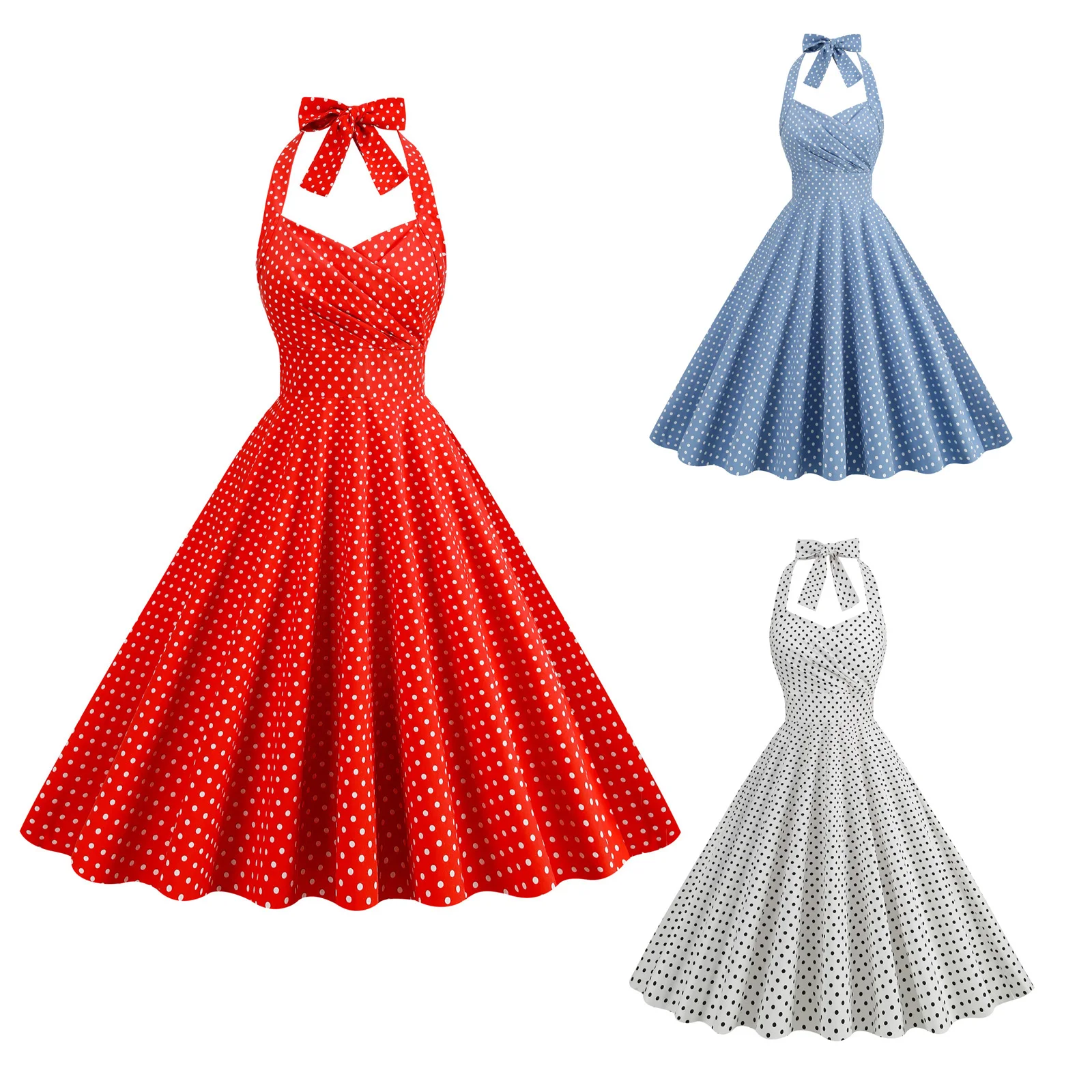 

Elegant Women Vintage Halterneck Dress With Pockets Polka Dots Rockabilly Cocktail Party Dress 1950s Swing Dress Summer Dress