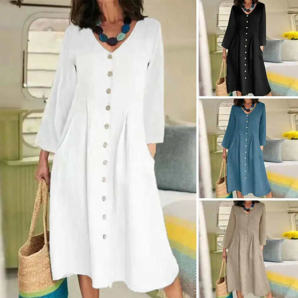 Женское дышащее платье, повседневное шикарное удобное женское платье миди с V-образным вырезом и пуговицами, Повседневное платье с высокой талией
Женское дышащее платье, повседневное шикарное удобное женское платье миди с V-образным вырезом и пуговицами, Повседневное платье с высокой талией