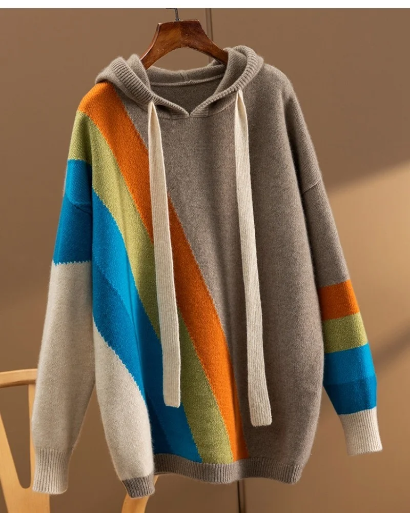 2023 Autumn/Winter new rainbow inlaid loose and thick hooded 100% pure cashmere sweater women's hoodie long sleeve
2023 Autumn/Winter new rainbow inlaid loose and thick hooded 100% pure cashmere sweater women's hoodie long sleeve