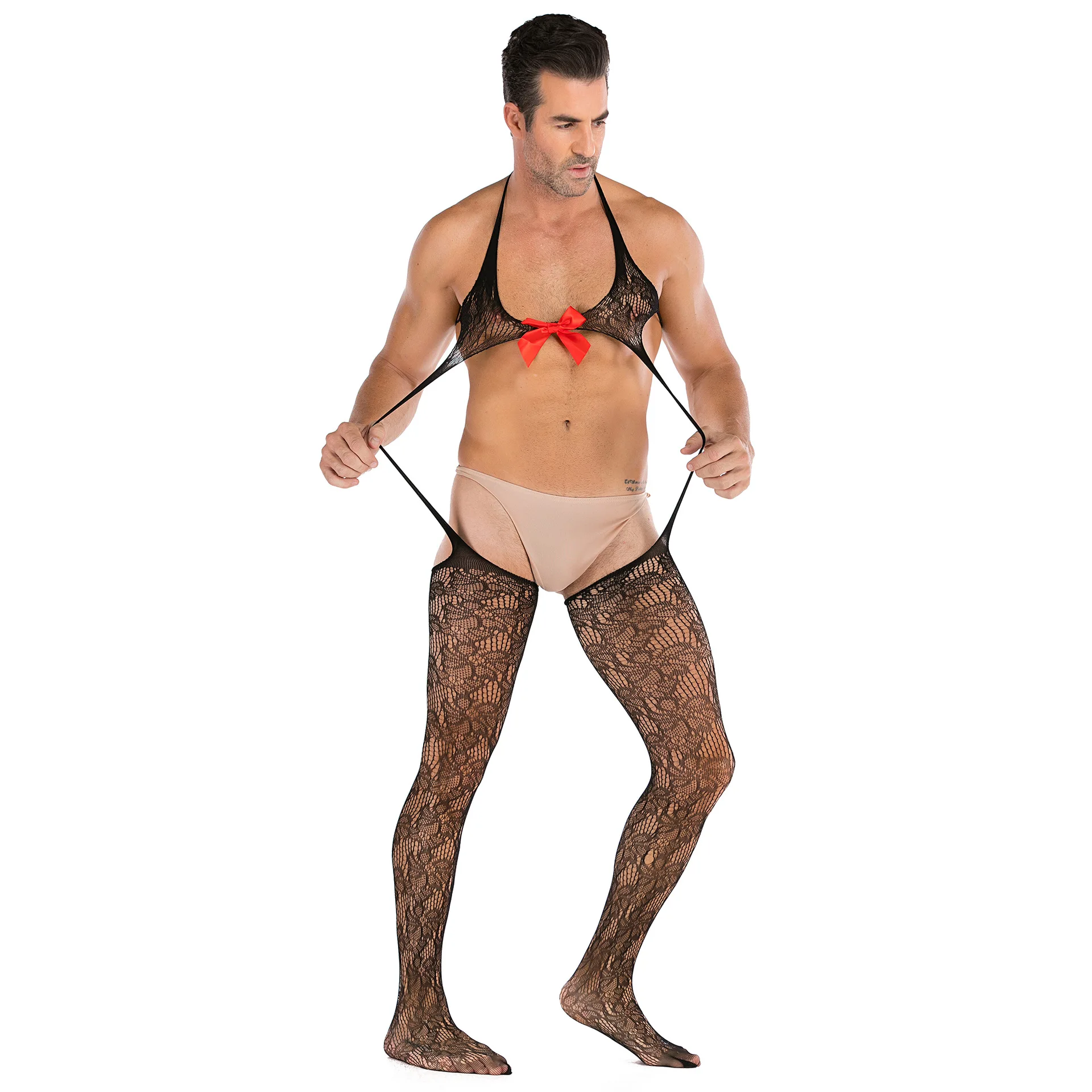 

Men's Erotic Underwear Men's One-piece Mesh Clothes Perspective Nightclub Bow High Slit Sexy Pajamas Sissy Fishnet Bodysuit Gay