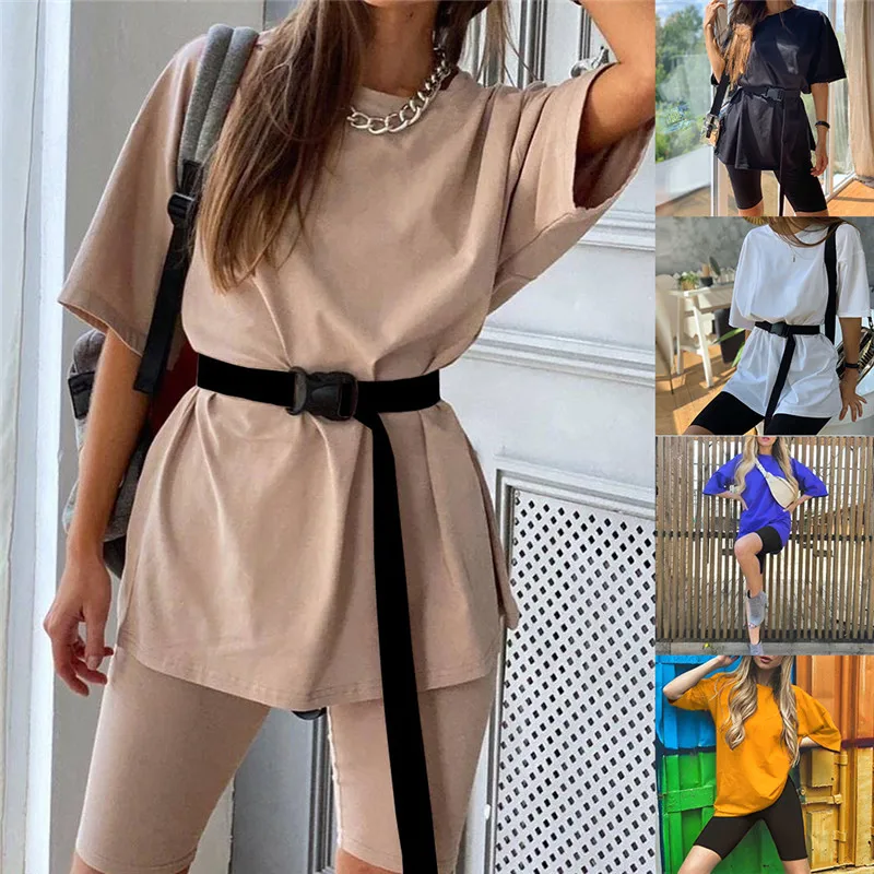 Simple Casual Solid Outfits Women's Two Piece Suit With Belt Home Loose Fitness Tracksuits Fashion Leisure Bicycle Suit Summer
Simple Casual Solid Outfits Women's Two Piece Suit With Belt Home Loose Fitness Tracksuits Fashion Leisure Bicycle Suit Summer