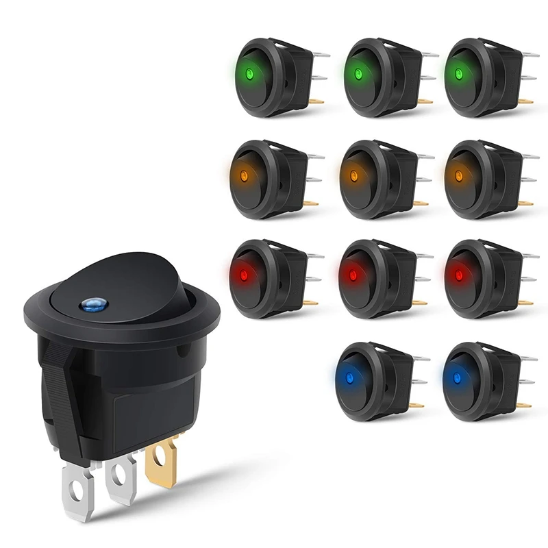 12PCS Round Dot Lighted Rocker Switch Toggle 20A 12V DC On/Off SPST Switch Control, 3Blue+3Green+3Yellow+3Red
12PCS Round Dot Lighted Rocker Switch Toggle 20A 12V DC On/Off SPST Switch Control, 3Blue+3Green+3Yellow+3Red