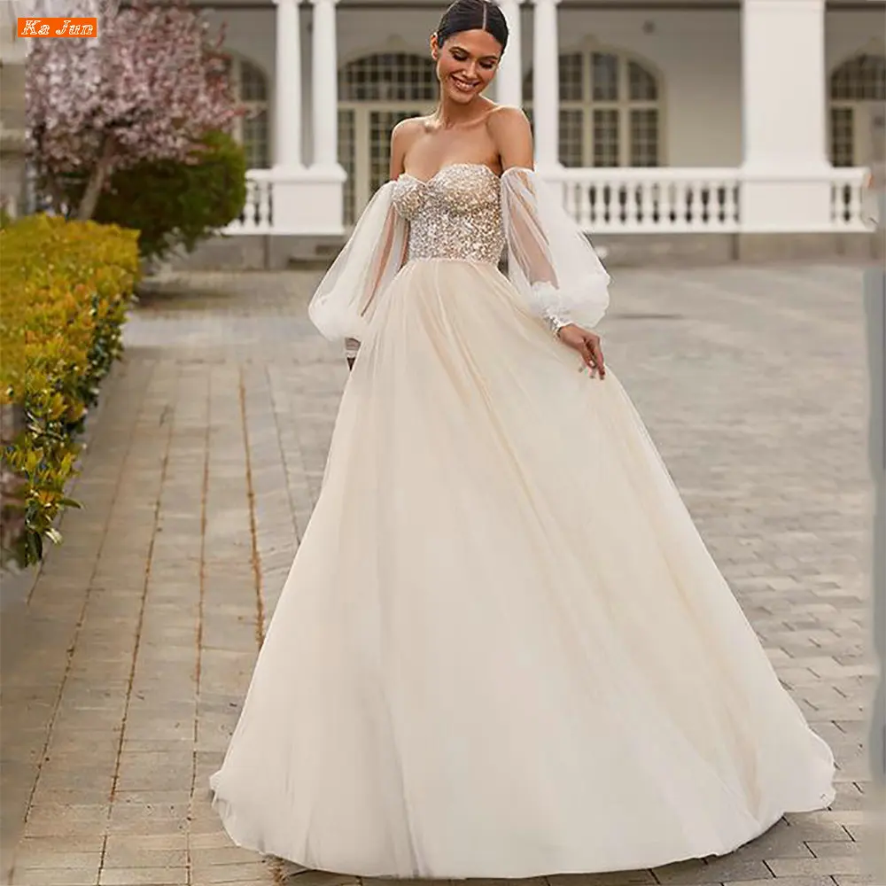 

Champagne Beaded Sweetheart Wedding Dress Vestidos De Noiva Removable Puff Sleeves A Line Backless Bridal Gown Robe De Mariée