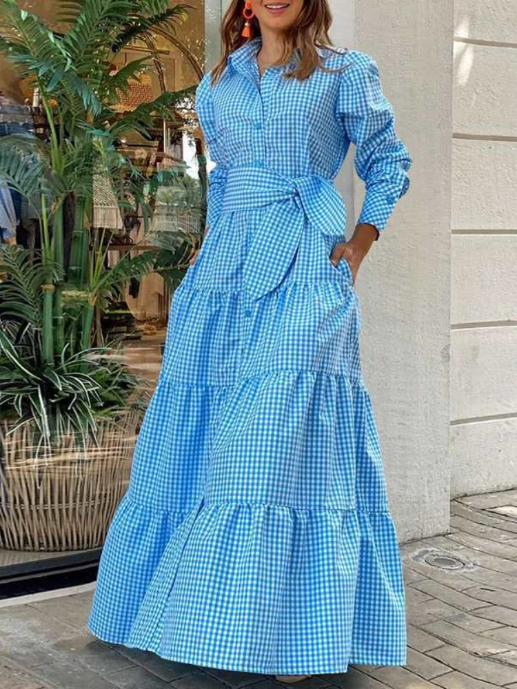 

Женское винтажное платье-трапеция, синее Элегантное Длинное платье во французском стиле с отложным воротником и длинными рукавами, офисное...