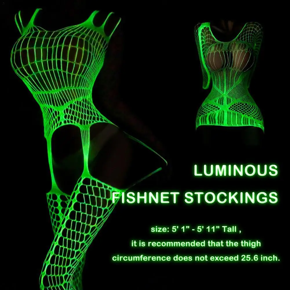 

Luminous Fishnet Mesh Stocks Glow In The Dark Sexy Suspender Hollowed Out Deep U Nightglow Jumpsuit Open Crotch Sock Fun Lingeri