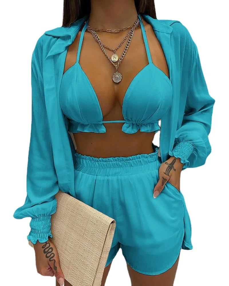 Summer Beach Fashion Long Sleeve Shirt + Pocket Shorts + Frilly Lace-Up Bra Tops 3-Piece Set Print Outfits Women Sexy Suits 2022
Summer Beach Fashion Long Sleeve Shirt + Pocket Shorts + Frilly Lace-Up Bra Tops 3-Piece Set Print Outfits Women Sexy Suits 2022