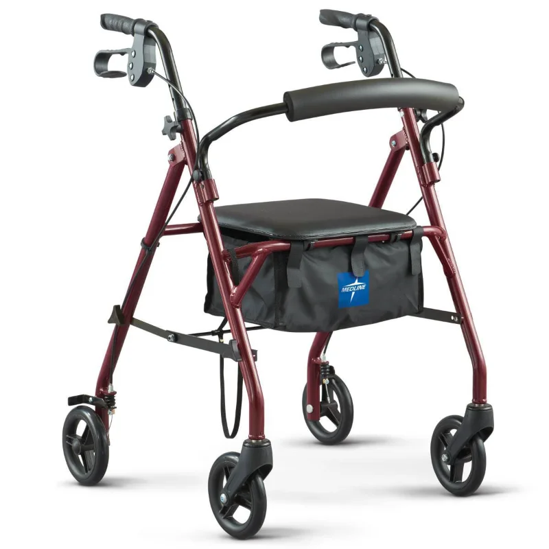 

Medline Steel Rollator Walker, Folding Rolling Walker, 6" Wheels, 350lb Weight Capacity, Burgundy Red Frame