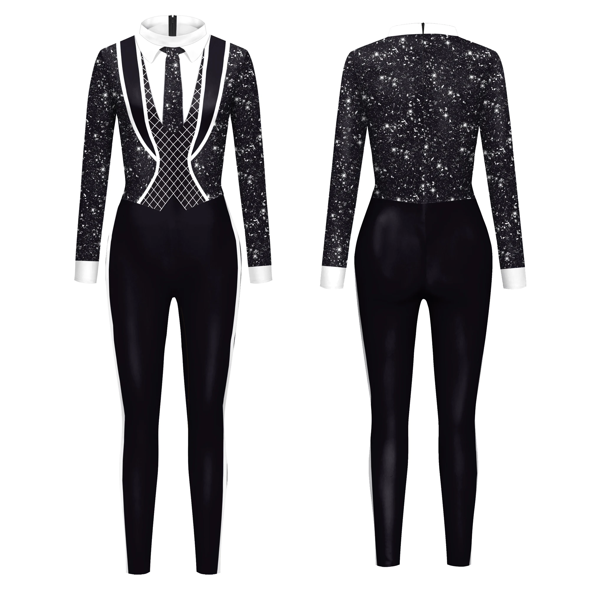 

Formal Pants Suit Black and White Printed Spandex Catsuit Cosplay Carnival Party Fake Lapel Tie Zentai Cosplay Jumpsuit Dating