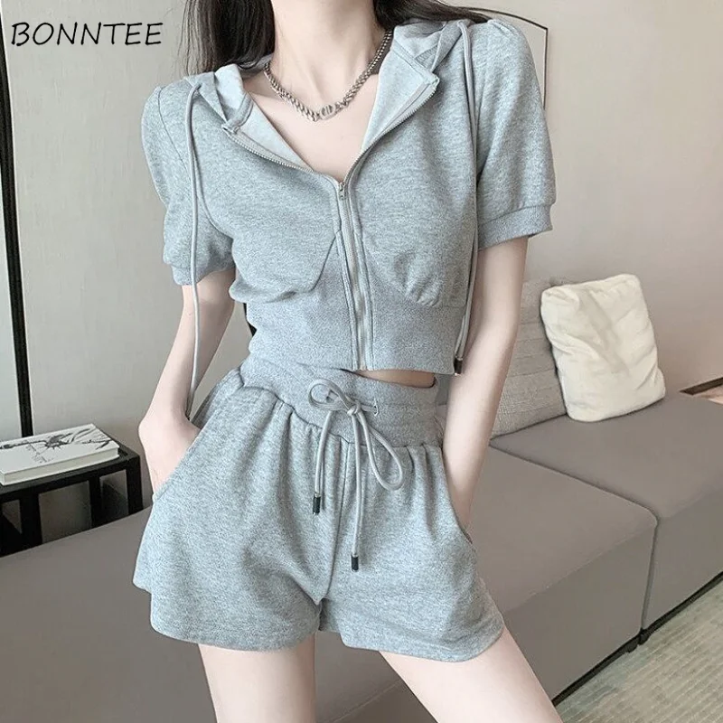 

Shorts Sets Women Solid Hooded Designed Basics Sporty Leisure Young Vintage All-match Korean Style Ladies Daily Cozy Simple New