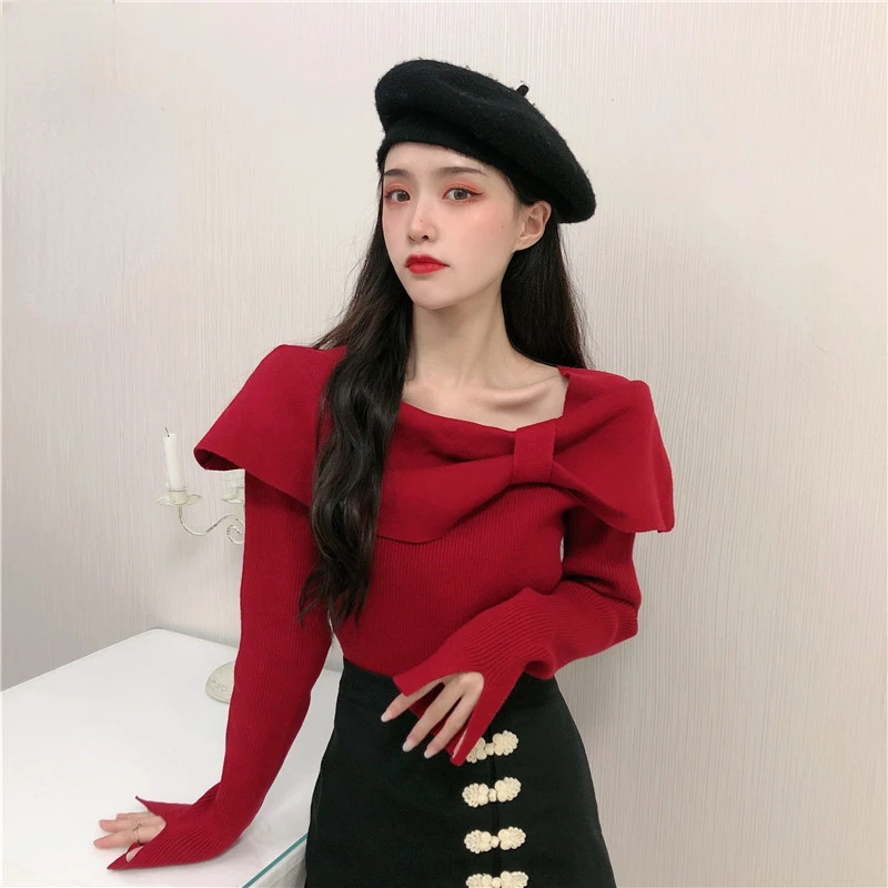 2022 Winter Fall Women Korean Style Fashion Big Bow Red Black Knitted Sweater Pullover , Woman Ladies Sweet Knitting Sweaters
2022 Winter Fall Women Korean Style Fashion Big Bow Red Black Knitted Sweater Pullover , Woman Ladies Sweet Knitting Sweaters