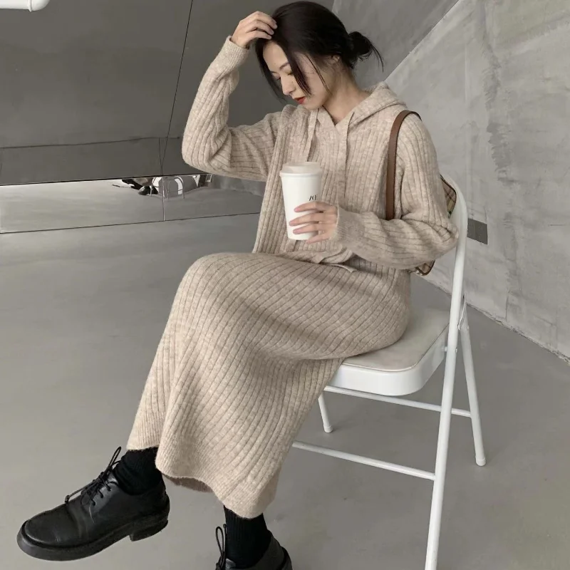 Hooded Sweater Pullover Women New Autumn and Winter Relaxed Slouchy Style Solid Casual Mid length Knee Crossing Knitted Sweater
Hooded Sweater Pullover Women New Autumn and Winter Relaxed Slouchy Style Solid Casual Mid length Knee Crossing Knitted Sweater