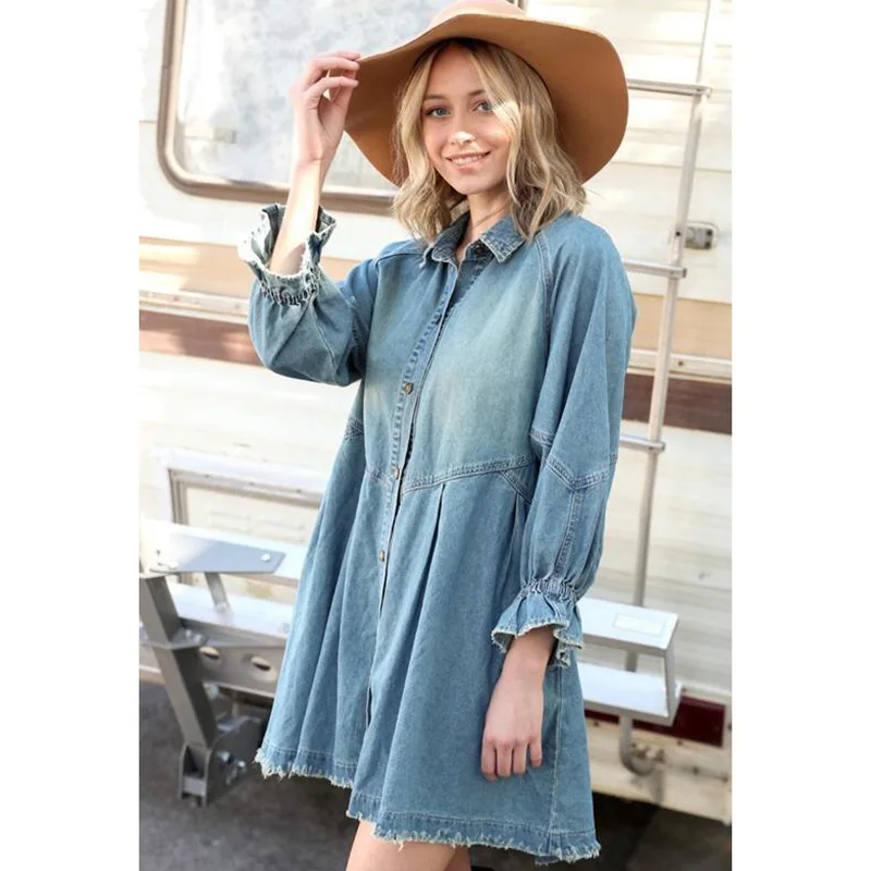 Женское джинсовое платье с длинным рукавом, высокой талией и оборками
Женское джинсовое платье с длинным рукавом, высокой талией и оборками