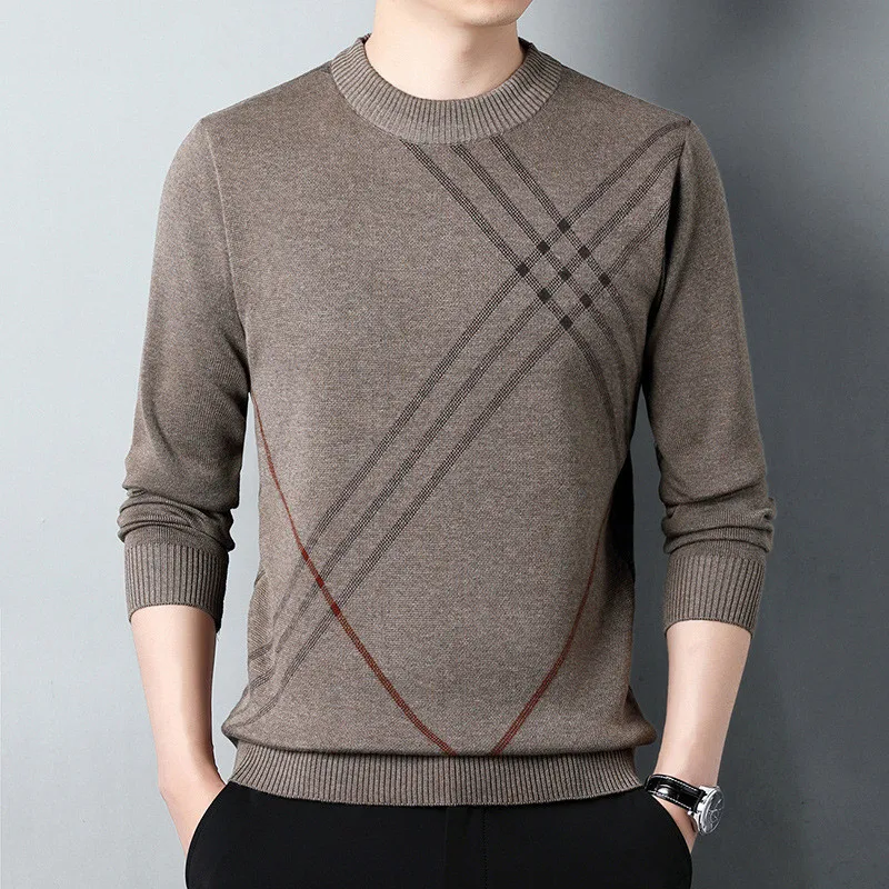 

Трикотажная одежда для версии, теплые новые полосатые корейские пуловеры с круглым вырезом, зимний роскошный модный мужской осенний свитер, толстый